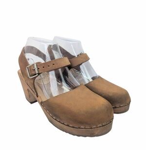 Lotta Vintage swedish wood clogs tan leather block platform heels 38 EU 7.5 US